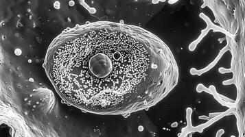 Electron micrograph of a white adipocyte showing its distinct large central lipid droplet and a small flattened nucleus pushed to the side photo