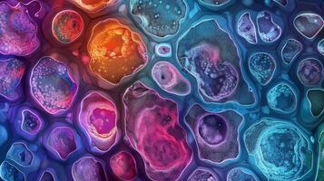 Brightly colored microscopic view of keratinocytes in the epidermis displaying their varied shapes and sizes photo
