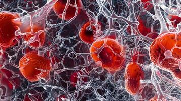 Differentiated cell precursors including erythrocytes leukocytes and platelets nestled a reticular fibers in the bone marrow photo