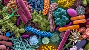 The colorful image shows a microscopic view of the different types of bacteria present in the gut microbiota photo