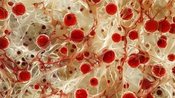 A field of immature red cells still retaining their nuclei weaving through strands of connective tissue in the bone marrow photo