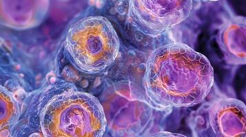 A crosssection of a thyroid follicle revealing numerous spherical cells filled with thyroglobulin the precursor to hormone production photo
