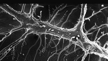 Scanning electron microscopy image of the synaptic cleft highlighting the complex network of dendritic spines and axonal boutons that make up the synaptic connection photo