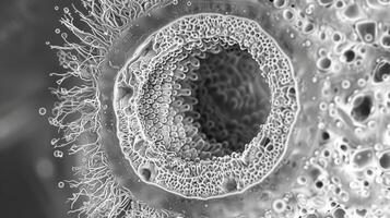 Electron microscopic view of a single nuclear pore showing its intricate structure and circular shape photo