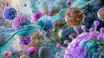A detailed composite image showing mast cells and their granules with specific colors indicating the presence of histamine and other inflammatory substances photo