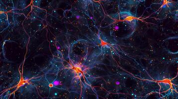 Fluorescencelabeled neuron and synaptic cleft demonstrating the intricate maze of neuronal pathways and synapses within the brain photo
