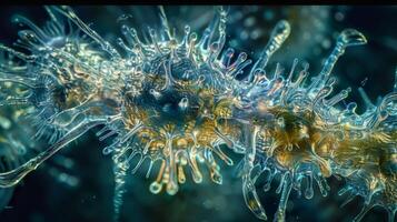 A magnified image of a of cilia resembling tiny hairs propelling a single cell through a fluid medium photo