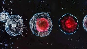 A series of images showing the gradual transformation of a hematopoietic stem cell into a fully matured red cell photo