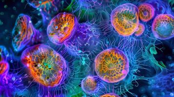 A brightly colored confocal microscope image showing synovial cells with their distinct round nuclei and branching cytoplasmic extensions photo