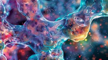 An artistic representation of synovial cells with vibrant colors highlighting their vital role in joint lubrication and protection photo