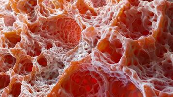 A crosssection of bone tissue revealing the abundant presence of erythrocytes in the red bone marrow photo