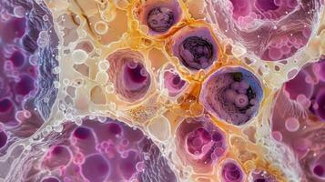 A crosssectional view of bone marrow tissue with tered s of hematopoietic stem cells visible in between adipose cells photo