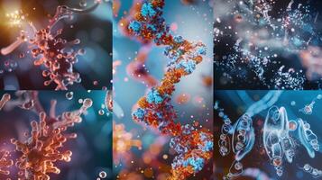 A collage of images displaying the different components involved in rie assembly including RNA proteins and other essential factors photo