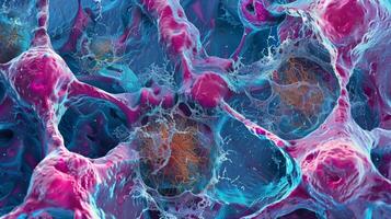 A colored scanning electron micrograph of apoptotic cells exhibiting irregular shapes and fragmented nuclei photo