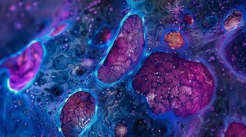 A tissue sample under a light microscope exhibiting abnormal cell death patterns characteristic of disorders associated with malfunctioning apoptosis pathways photo