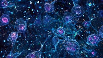 A of round glial cells known as astrocytes aiding in the regulation of neurotransmitter levels and synapse formation photo