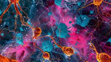 Vibrantly colored image showcasing the intricate network of glial cells in the brain highlighting their important supportive role photo