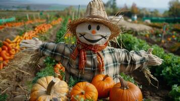 A scarecrow stands guard over rows of carrots pumpkins and other root vegetables photo