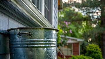 A simple metal rain barrel positioned beneath a gutter of a house photo