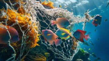 A colorful underwater scene with several fish swimming a biodegradable fishing nets photo