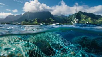 A clear blue ocean with multiple fishing boats using sustainable nets promoting a healthy marine ecosystem photo