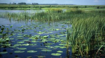 A vast expanse of wetlands with cattails and lily pads attracting a variety of waterfowl amphibians and reptiles photo