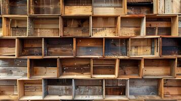 A pile of discarded wooden pallets repurposed into a oneofakind bookshelf photo