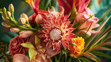 A statement bouquet of tropical flowers and foliage all sustainably harvested from rainforestfriendly farms photo