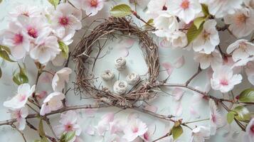 A whimsical wreath with delicate cherry blossom branches and tiny bird nests photo