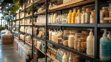 A practical and efficient zerowaste shop lined with rows of shelves filled with bulk items and refill stations for cleaning and personal care products photo