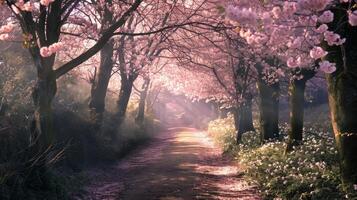 The pathway is lined with towering trees their branches full of delicate leaves and fragrant flowers photo