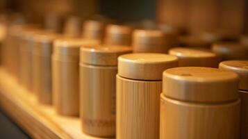 A row of bamboo containers filled with natural deodorants free of harsh chemicals and packaged in ecofriendly materials photo