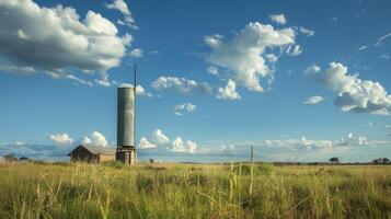 A tall slim water tower stands in a grassy field with pipes connecting from the roof of a nearby building to the base of the tower for efficient rainwater collection photo