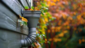 A closeup of a downspout on the side of a house reveals a filter attached to the end designed to catch leaves and debris before the rainwater enters a designated storage tank photo