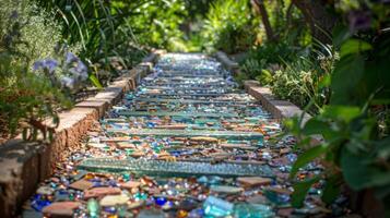 A beautiful garden path lined with bricks made from crushed glass and concrete demonstrating how recycled materials can enhance outdoor spaces photo