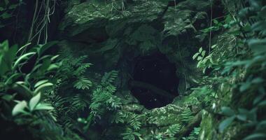 A hidden cave nestled within a dense forest providing a safe haven for bats and other creatures photo