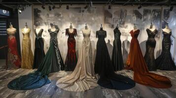 A display of elegant evening gowns made from recycled polyester and lined with organic cotton photo