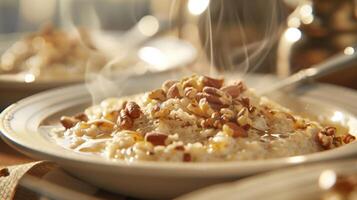 Plates of steaming oatmeal topped with nuts and honey are laid out for a cozy breakfast photo