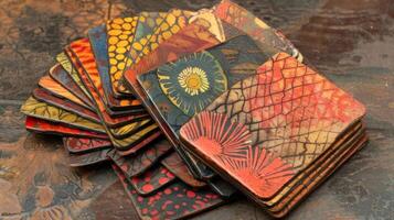 A set of coasters made from flattened and dyed recycled paper featuring unique patterns and colors photo