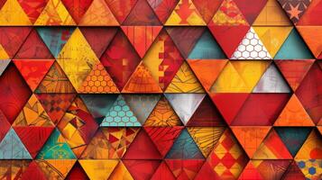 Geometric Patchwork A mix of triangular square and hexagonal tiles in vibrant hues of red orange and yellow creating a dynamic and bold patchwork pattern photo