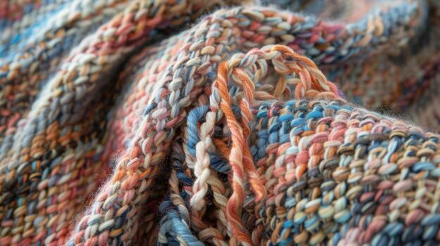 Variegated Yarn The subtle color changes within the yarns used to create this throw blanket are evident in this closeup giving it a unique and textured appearance photo