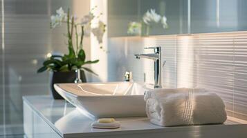 Sleek and modern The polished chrome finish on a bathroom fixture has a polished streamlined appearance that exudes a modern style photo
