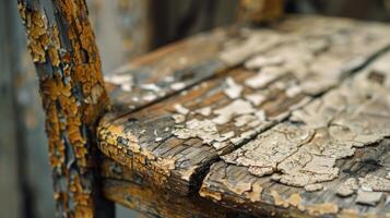 Flaked and Chipped The weathered surface of an old wooden chair shows signs of distress with flaked and chipped layers revealing different shades of wood underneath photo