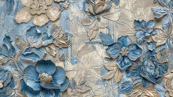This unique patterned fabric wallpaper showcases a mix of different textures combining a smooth base with raised floral patterns in shades of blue and beige for a layered and dimensiona photo
