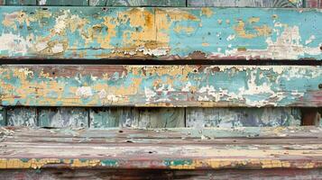 Peeling Paint A detailed photo of an old wooden bench reveals layers of peeling paint that have been partially worn away giving the piece a rustic and aged appearance