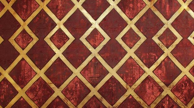 The texture of this patterned fabric wallpaper showcases a repeating geometric pattern in bold shades of red and gold adding a touch of opulence to any room photo