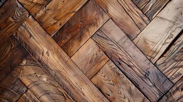 The rough and rustic texture of a herringbone wooden floor with visible knots grain patterns and rough edges adding a touch of natural charm photo
