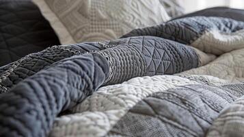 A medley of different textured fabrics come together in this unique quilted bedspread featuring a mix of velvet chenille and cotton. The overall texture is a delight for the sense photo