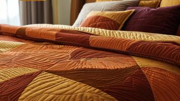 A bold geometric design in warm hues of gold and rust expertly stitched into the fabric of this quilted bedspread. The texture is slightly raised creating a tactile experience as yo photo
