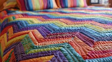 Tightly packed zigzag rows of colorful stitching give this quilted bedspread a cheerful and vibrant texture. The quilted squares create small pockets of texture adding depth and dimensio photo